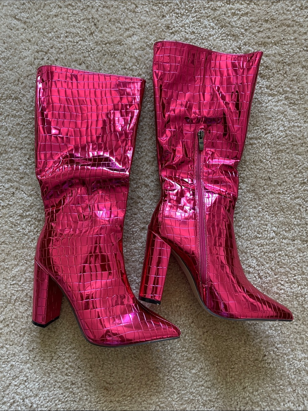NEW!Metallic Pink Mid-Calf Block Heel Boots